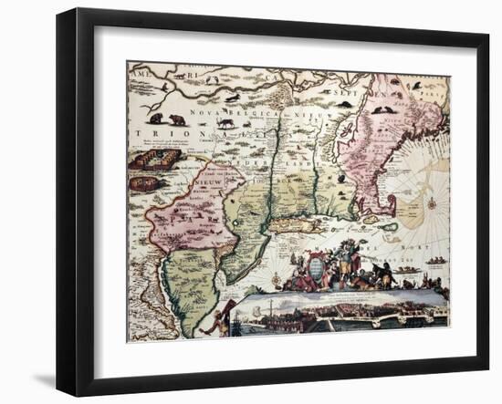 New England Old Map With New Amsterdam Insert View-marzolino-Framed Art Print