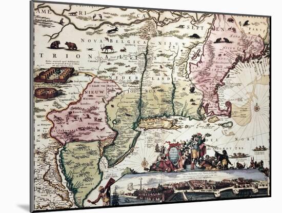 New England Old Map With New Amsterdam Insert View-marzolino-Mounted Art Print