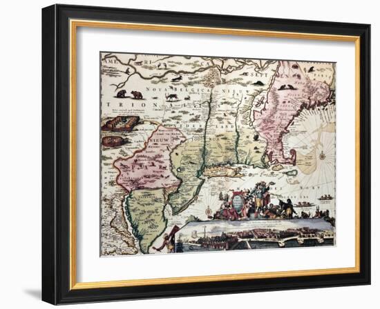 New England Old Map With New Amsterdam Insert View-marzolino-Framed Art Print