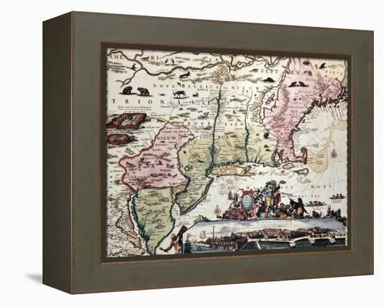 New England Old Map With New Amsterdam Insert View-marzolino-Framed Stretched Canvas