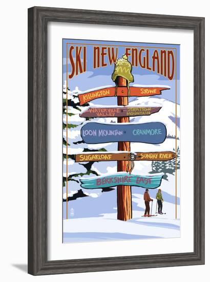 New England - Ski Areas Sign Destinations-Lantern Press-Framed Art Print