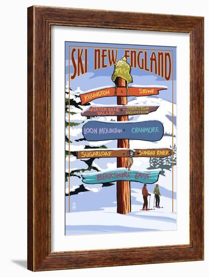 New England - Ski Areas Sign Destinations-Lantern Press-Framed Art Print