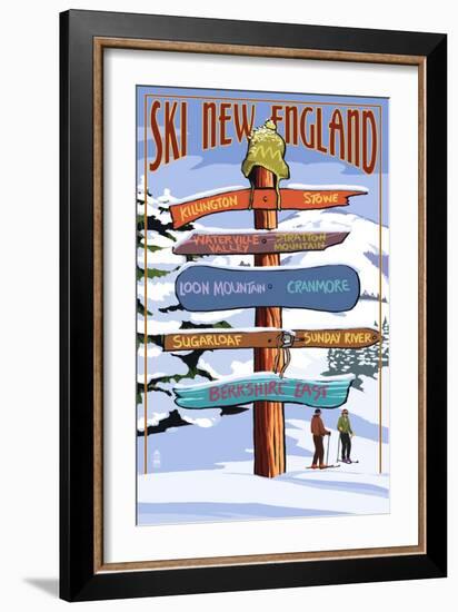 New England - Ski Areas Sign Destinations-Lantern Press-Framed Art Print