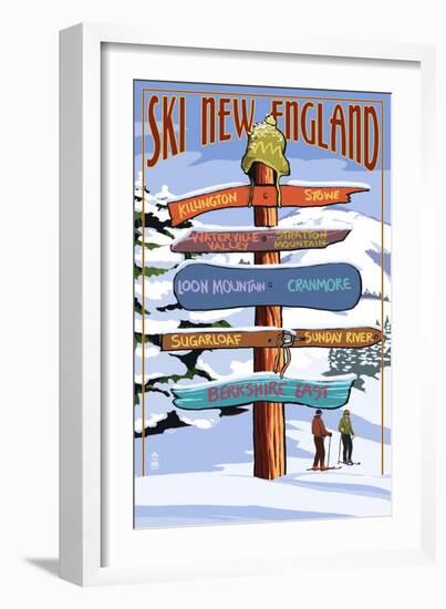 New England - Ski Areas Sign Destinations-Lantern Press-Framed Art Print