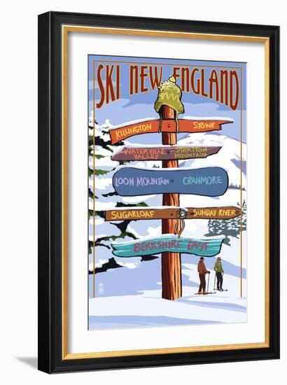 New England - Ski Areas Sign Destinations-Lantern Press-Framed Art Print