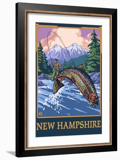 New Hampshire - Angler Fisherman Scene-Lantern Press-Framed Art Print