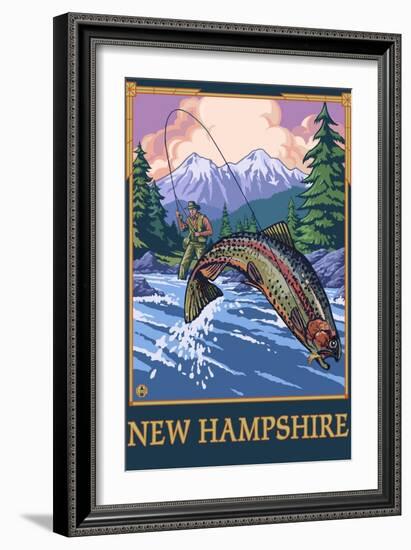 New Hampshire - Angler Fisherman Scene-Lantern Press-Framed Art Print