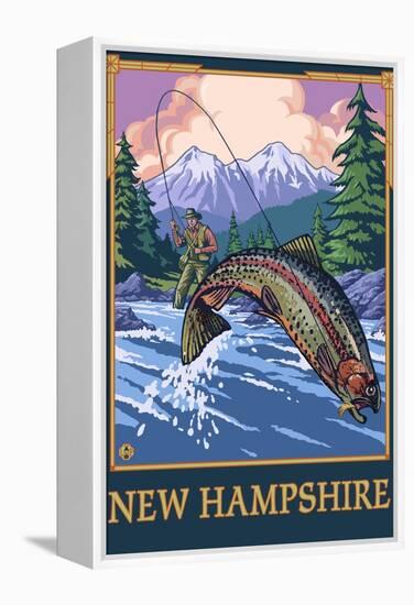 New Hampshire - Angler Fisherman Scene-Lantern Press-Framed Stretched Canvas