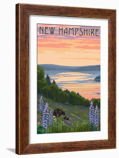 New Hampshire - Lake and Bear Family-Lantern Press-Framed Art Print