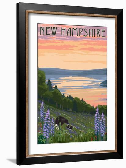 New Hampshire - Lake and Bear Family-Lantern Press-Framed Art Print