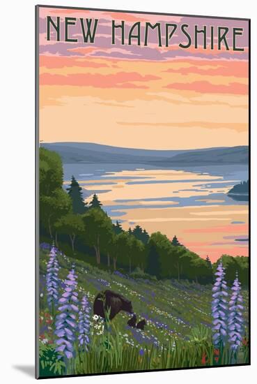 New Hampshire - Lake and Bear Family-Lantern Press-Mounted Art Print