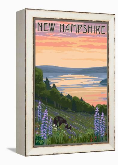 New Hampshire - Lake and Bear Family-Lantern Press-Framed Stretched Canvas