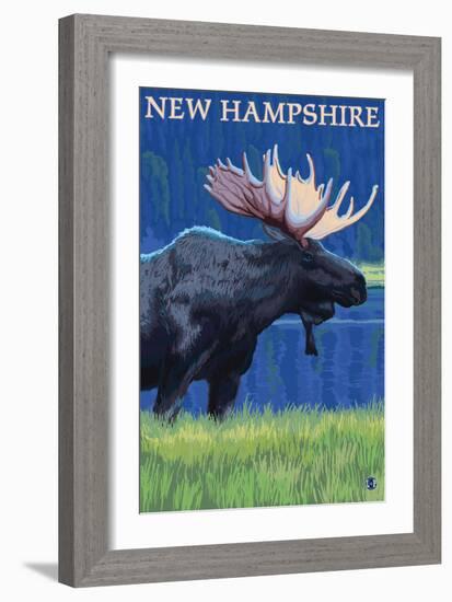 New Hampshire - Moose in the Moonlight-Lantern Press-Framed Art Print