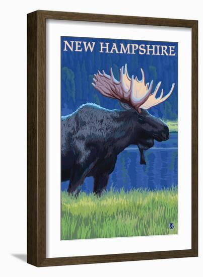 New Hampshire - Moose in the Moonlight-Lantern Press-Framed Art Print