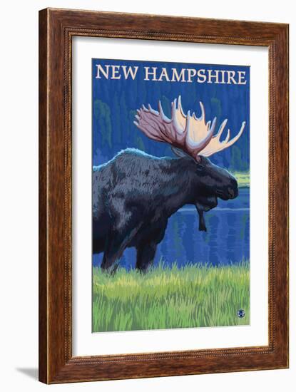 New Hampshire - Moose in the Moonlight-Lantern Press-Framed Art Print