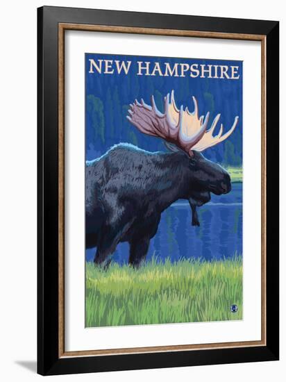 New Hampshire - Moose in the Moonlight-Lantern Press-Framed Art Print