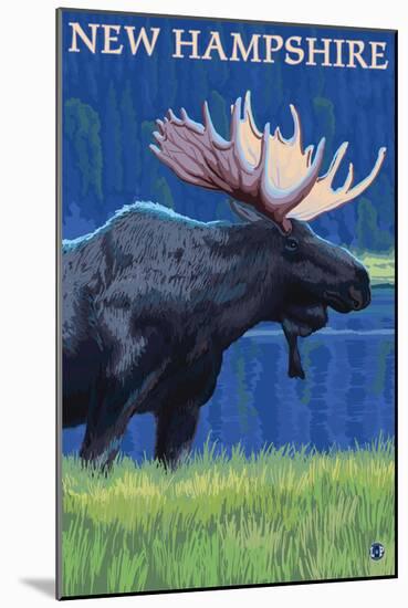 New Hampshire - Moose in the Moonlight-Lantern Press-Mounted Art Print