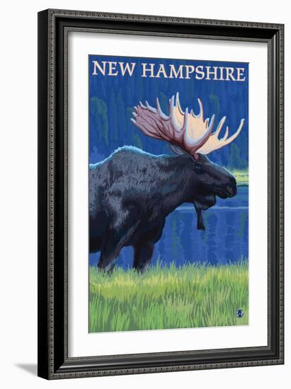 New Hampshire - Moose in the Moonlight-Lantern Press-Framed Art Print