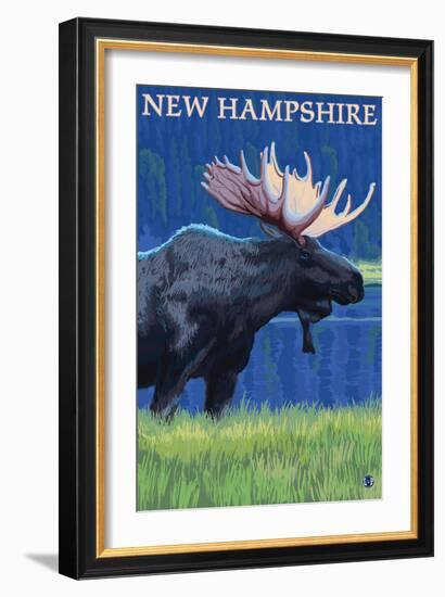 New Hampshire - Moose in the Moonlight-Lantern Press-Framed Art Print