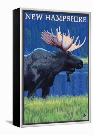 New Hampshire - Moose in the Moonlight-Lantern Press-Framed Stretched Canvas