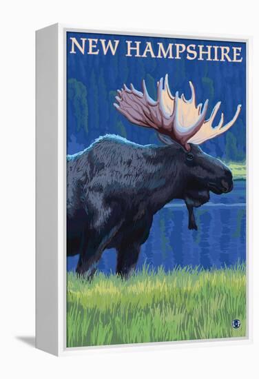 New Hampshire - Moose in the Moonlight-Lantern Press-Framed Stretched Canvas