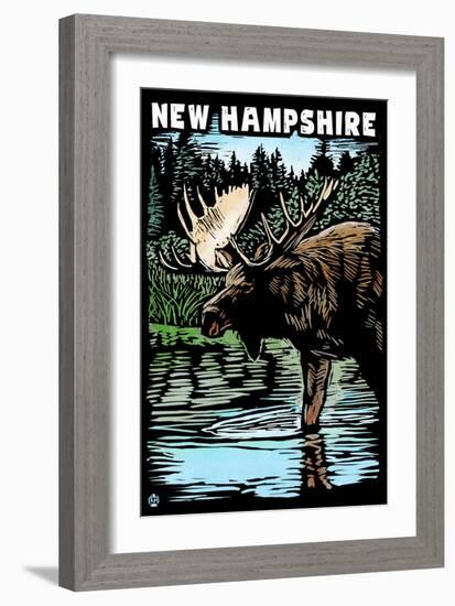 New Hampshire - Moose - Scratchboard-Lantern Press-Framed Art Print