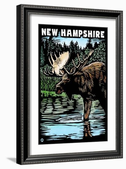 New Hampshire - Moose - Scratchboard-Lantern Press-Framed Art Print