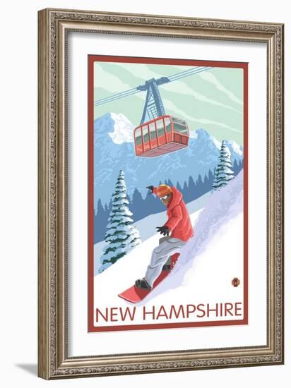New Hampshire - Snowboarder and Tram-Lantern Press-Framed Art Print