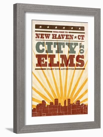 New Haven, Connecticut - Skyline and Sunburst Screenprint Style-Lantern Press-Framed Art Print