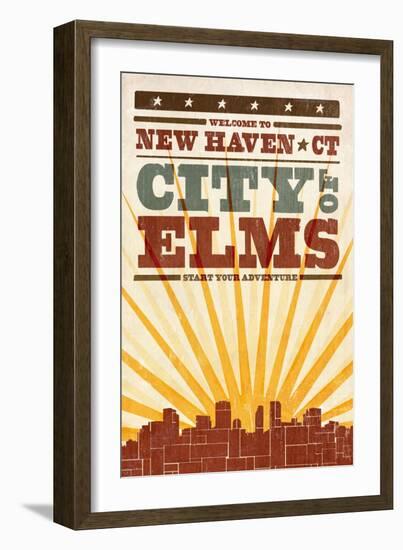 New Haven, Connecticut - Skyline and Sunburst Screenprint Style-Lantern Press-Framed Art Print