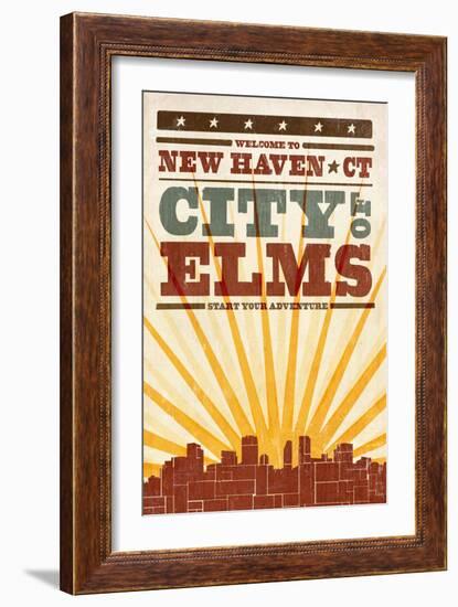 New Haven, Connecticut - Skyline and Sunburst Screenprint Style-Lantern Press-Framed Art Print