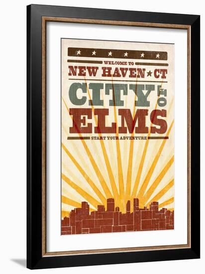 New Haven, Connecticut - Skyline and Sunburst Screenprint Style-Lantern Press-Framed Art Print
