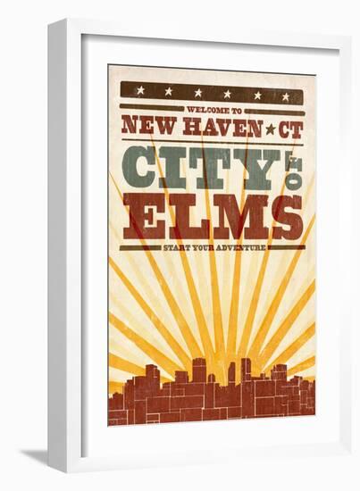 New Haven, Connecticut - Skyline and Sunburst Screenprint Style-Lantern Press-Framed Art Print