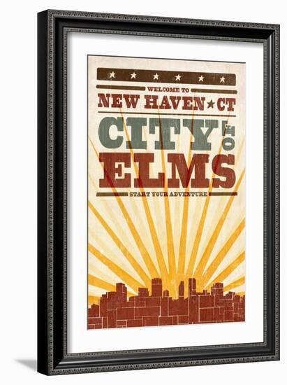 New Haven, Connecticut - Skyline and Sunburst Screenprint Style-Lantern Press-Framed Art Print