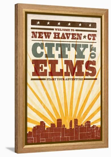 New Haven, Connecticut - Skyline and Sunburst Screenprint Style-Lantern Press-Framed Stretched Canvas