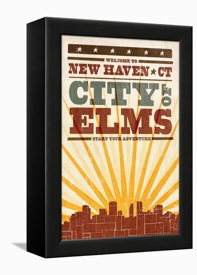 New Haven, Connecticut - Skyline and Sunburst Screenprint Style-Lantern Press-Framed Stretched Canvas