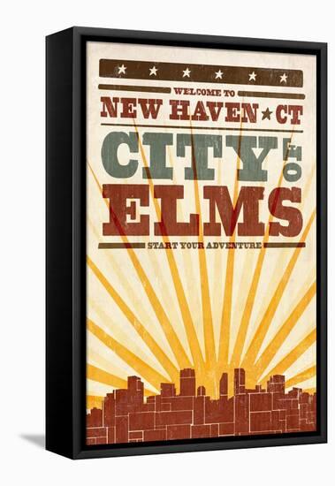 New Haven, Connecticut - Skyline and Sunburst Screenprint Style-Lantern Press-Framed Stretched Canvas