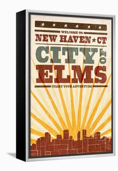 New Haven, Connecticut - Skyline and Sunburst Screenprint Style-Lantern Press-Framed Stretched Canvas