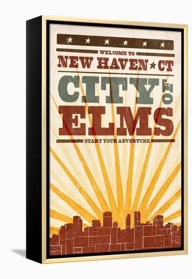 New Haven, Connecticut - Skyline and Sunburst Screenprint Style-Lantern Press-Framed Stretched Canvas