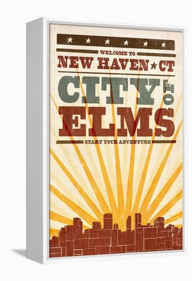 New Haven, Connecticut - Skyline and Sunburst Screenprint Style-Lantern Press-Framed Stretched Canvas