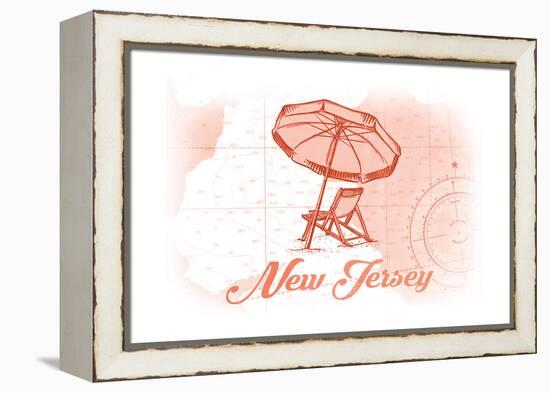 New Jersey - Beach Chair and Umbrella - Coral - Coastal Icon-Lantern Press-Framed Stretched Canvas