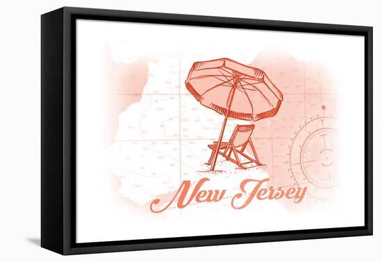 New Jersey - Beach Chair and Umbrella - Coral - Coastal Icon-Lantern Press-Framed Stretched Canvas