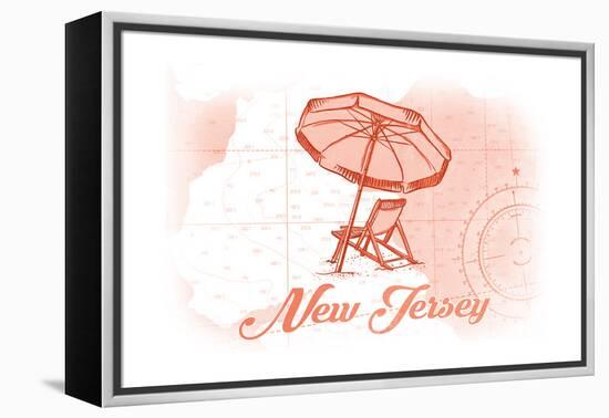 New Jersey - Beach Chair and Umbrella - Coral - Coastal Icon-Lantern Press-Framed Stretched Canvas