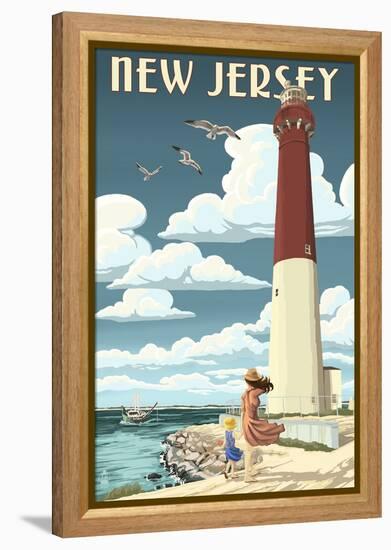 New Jersey - Lighthouse Scene-Lantern Press-Framed Stretched Canvas