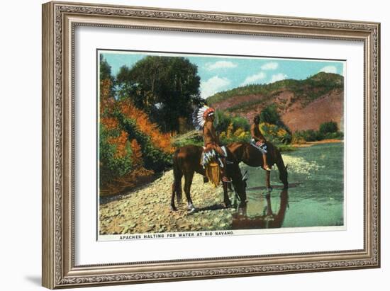 New Mexico - Apache Natives on Horseback Stop for Water at Rio Navajo-Lantern Press-Framed Art Print