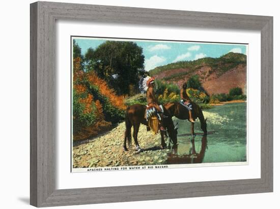 New Mexico - Apache Natives on Horseback Stop for Water at Rio Navajo-Lantern Press-Framed Art Print