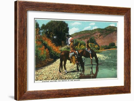 New Mexico - Apache Natives on Horseback Stop for Water at Rio Navajo-Lantern Press-Framed Art Print