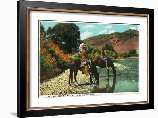 New Mexico - Apache Natives on Horseback Stop for Water at Rio Navajo-Lantern Press-Framed Art Print