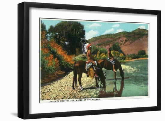 New Mexico - Apache Natives on Horseback Stop for Water at Rio Navajo-Lantern Press-Framed Art Print