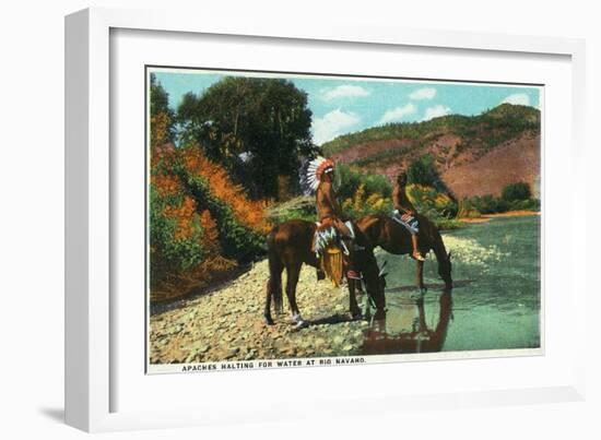 New Mexico - Apache Natives on Horseback Stop for Water at Rio Navajo-Lantern Press-Framed Art Print